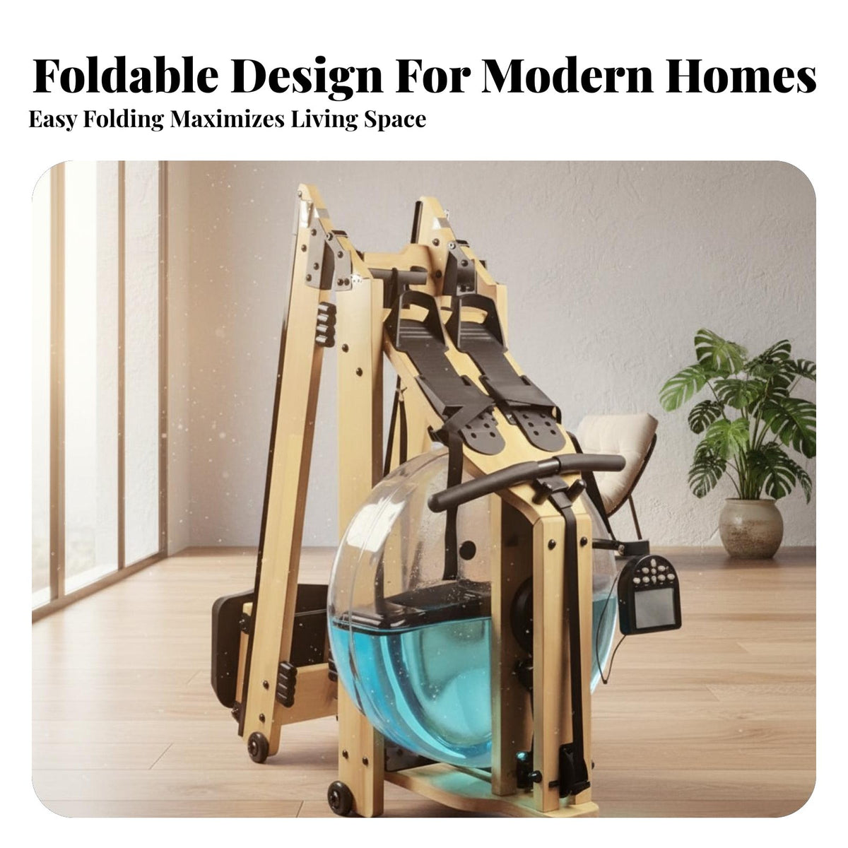 Rubber Wood Foldable Rowing Machine, Water Resistance, Home Gym, Ergonomic, Space-Saving Design