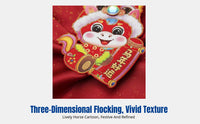 3D Flocked Horse Door Sticker, Zodiac Cartoon, Festive Fu Character, New Year Wall Art, Decorative Couplets