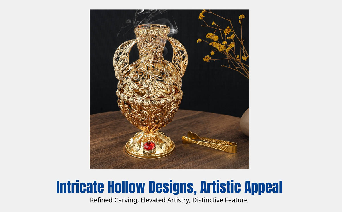 Luxury Gold Hollow Incense Burner, Metal Desktop Decor, Middle Eastern Holder, Craft