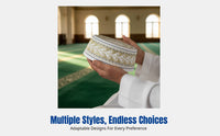 Men's Embroidered Flat Top Cap, Saudi Hard Muslim Prayer Hat, Black Cream, Performance