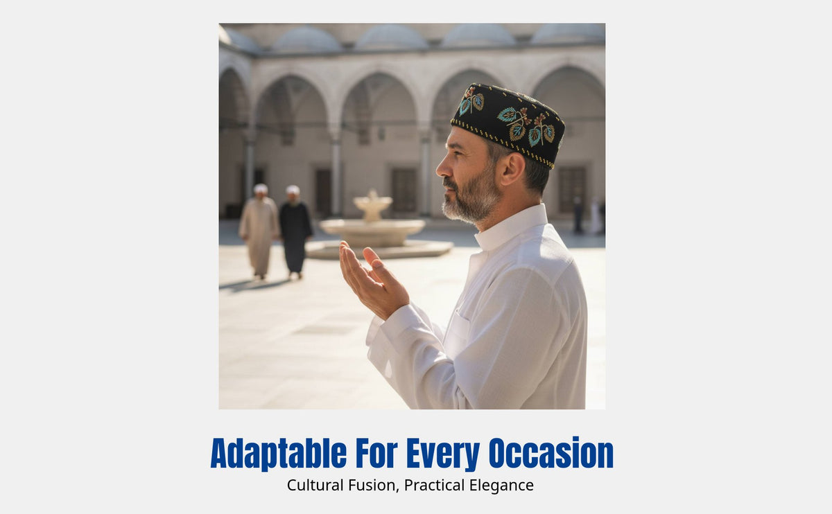 Men's Embroidered Prayer Cap, Flat Top, Traditional Muslim Style, Multi-Color, All Seasons