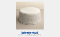 Men's Cream Muslim Prayer Cap, Geometric Embroidery, Flat Top, Round Design, Stylish, Suitable for Worship and Performance