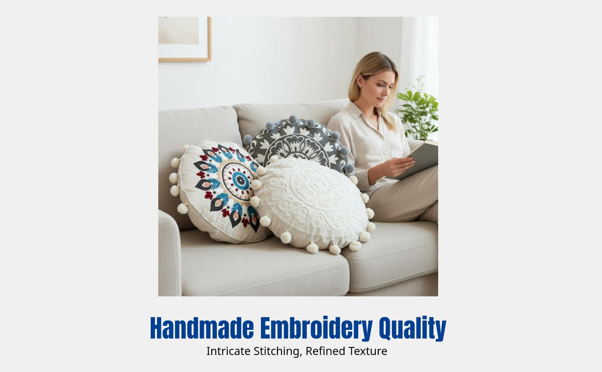 Moroccan Ethnic Embroidered Round Pillow Cover, Handmade Geometric Pillow, Living Room, Sofa
