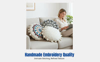 Moroccan Ethnic Embroidered Round Pillow Cover, Handmade Geometric Pillow, Living Room, Sofa