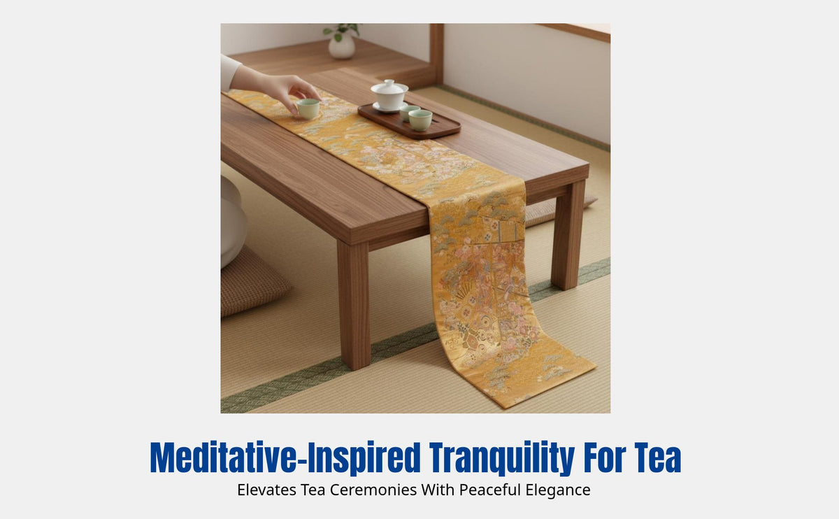 Jacquard Tea Table Runner, Oriental Gold Bird & Mandarin Duck Pattern, Tranquil-Inspired Mat