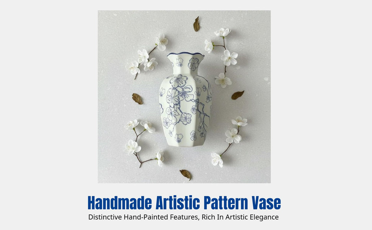 Vintage Ceramic Vase, Navy and Cream Porcelain, Artistic Handmade Floral Pattern, Desktop Flower Arrangement, Living Room Decor