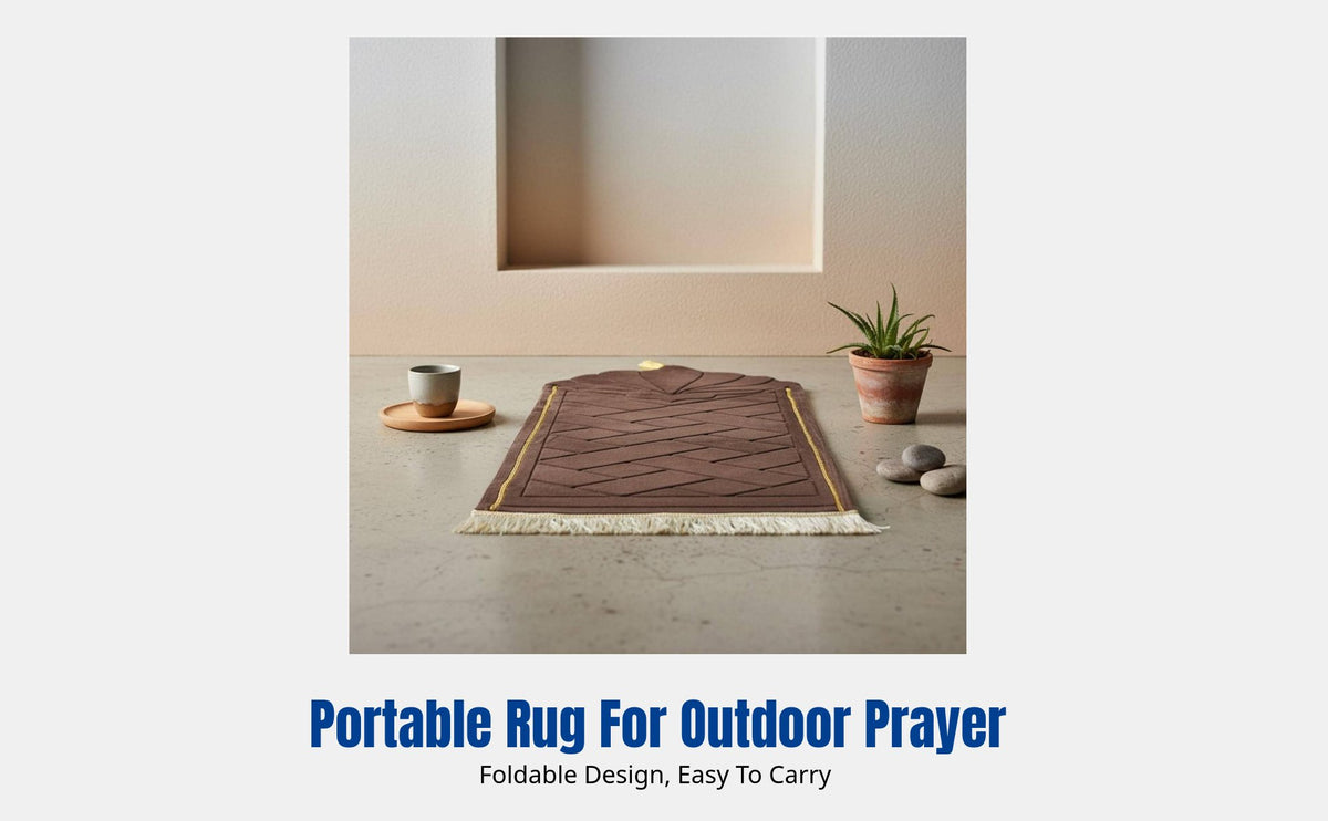 Middle Eastern Fan-Shaped Thick Flannel Prayer Rug, Gold Border, Embossed Geometric Pattern, Soft Carpet for Home, Mosque, Bedroom