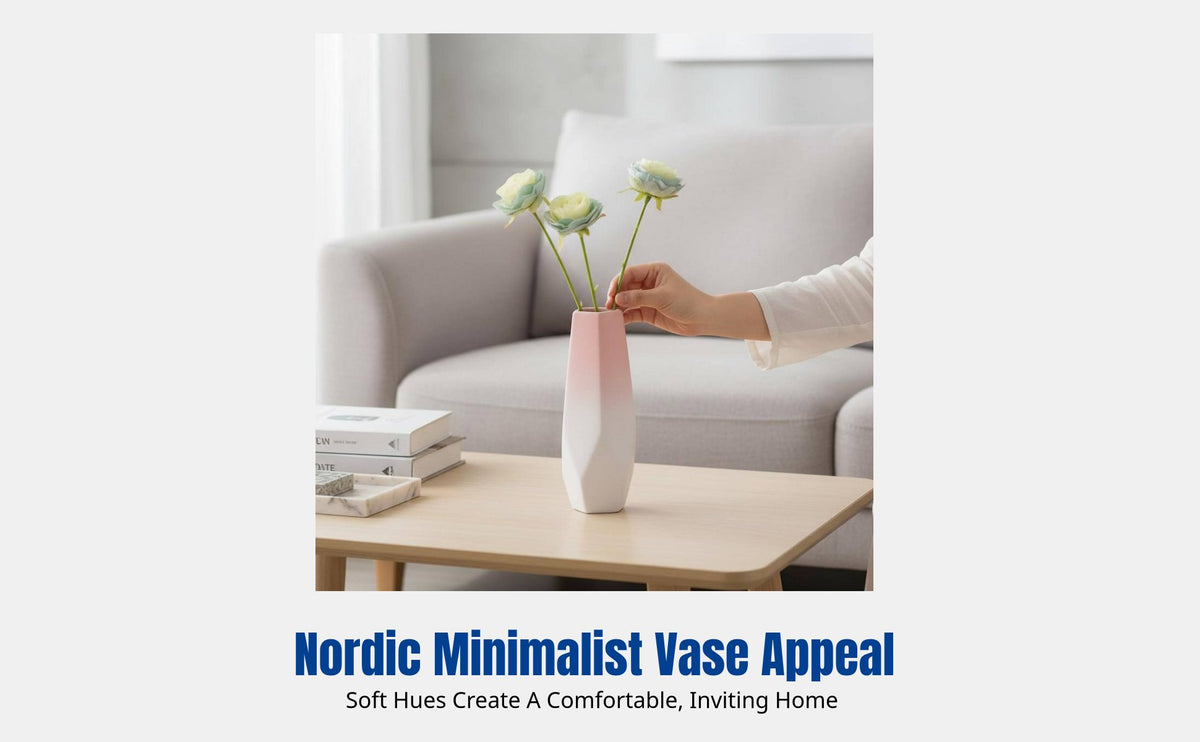 Minimalist Ceramic Vase, Gradient Decorative Vessel, Faux Silk Flower Arrangement, Countertop Accent for Living Room