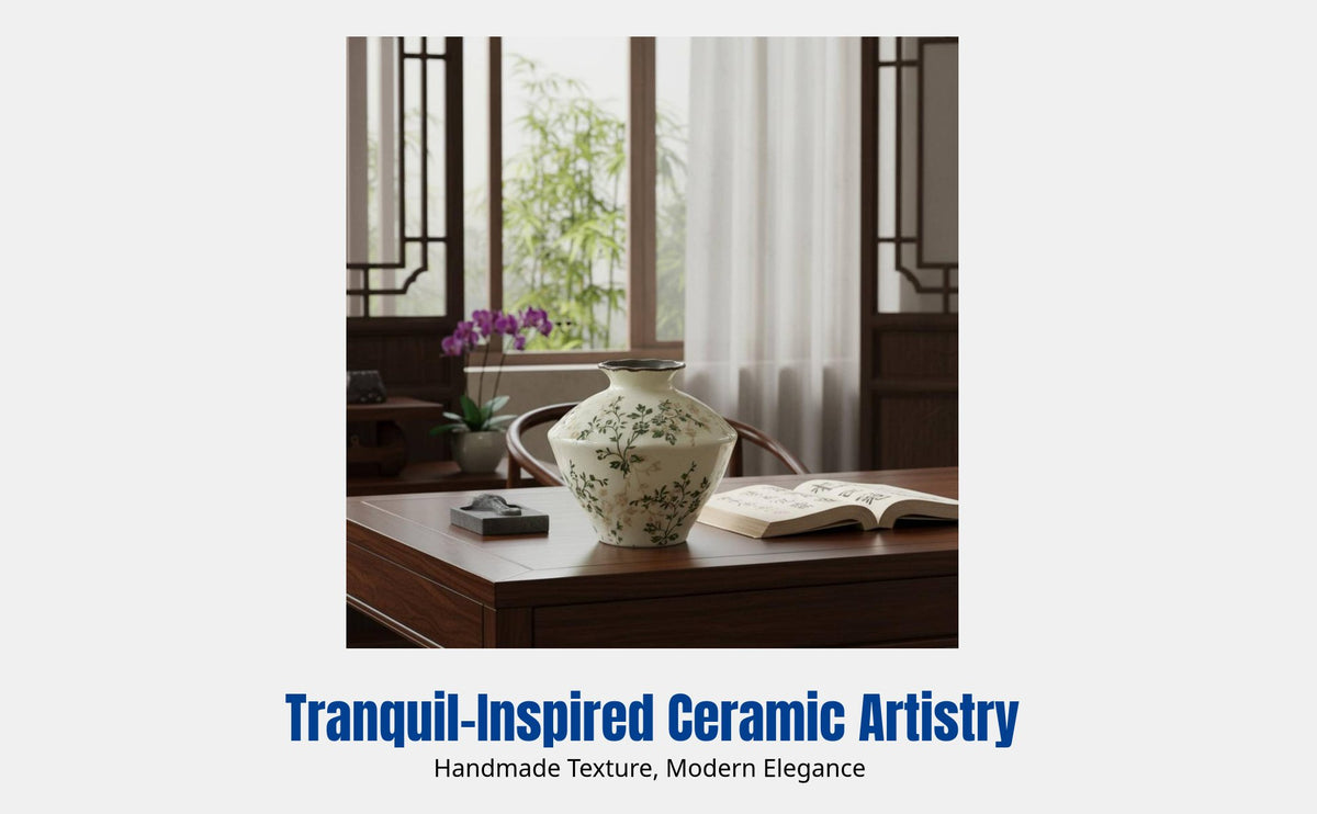 Modern Oriental Ceramic Vase, Vintage Flower Arrangement Vessel, Serene Desktop Decor for Living Room, Office, Study