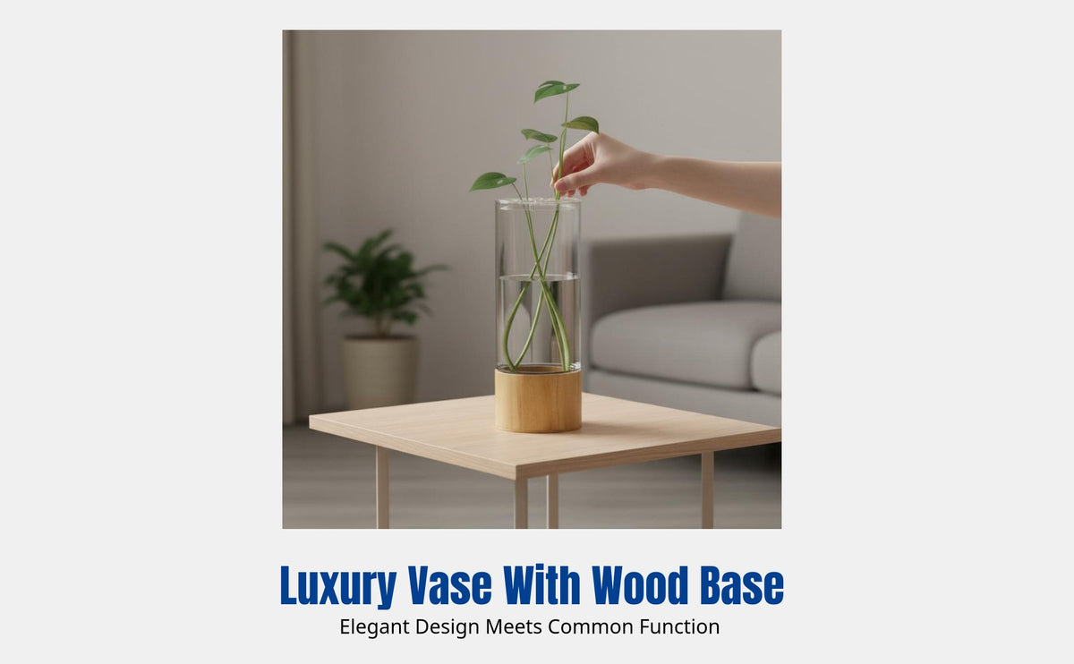 Acrylic Cylinder Vase with Wooden Base, Anti-Fall, Modern Chinese Style, Desktop Decor