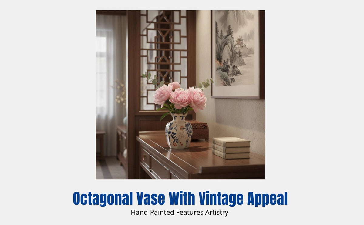 Modern Oriental Ceramic Vase, Vintage Song design, Hand-Painted Octagonal navy and cream, Flower Arrangement Decor
