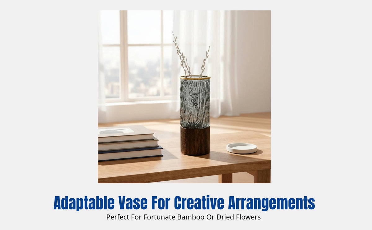 Minimalist Glass Vase with Wood Stand, Cylindrical Flower Holder for Living Room, Desktop, Lucky Bamboo