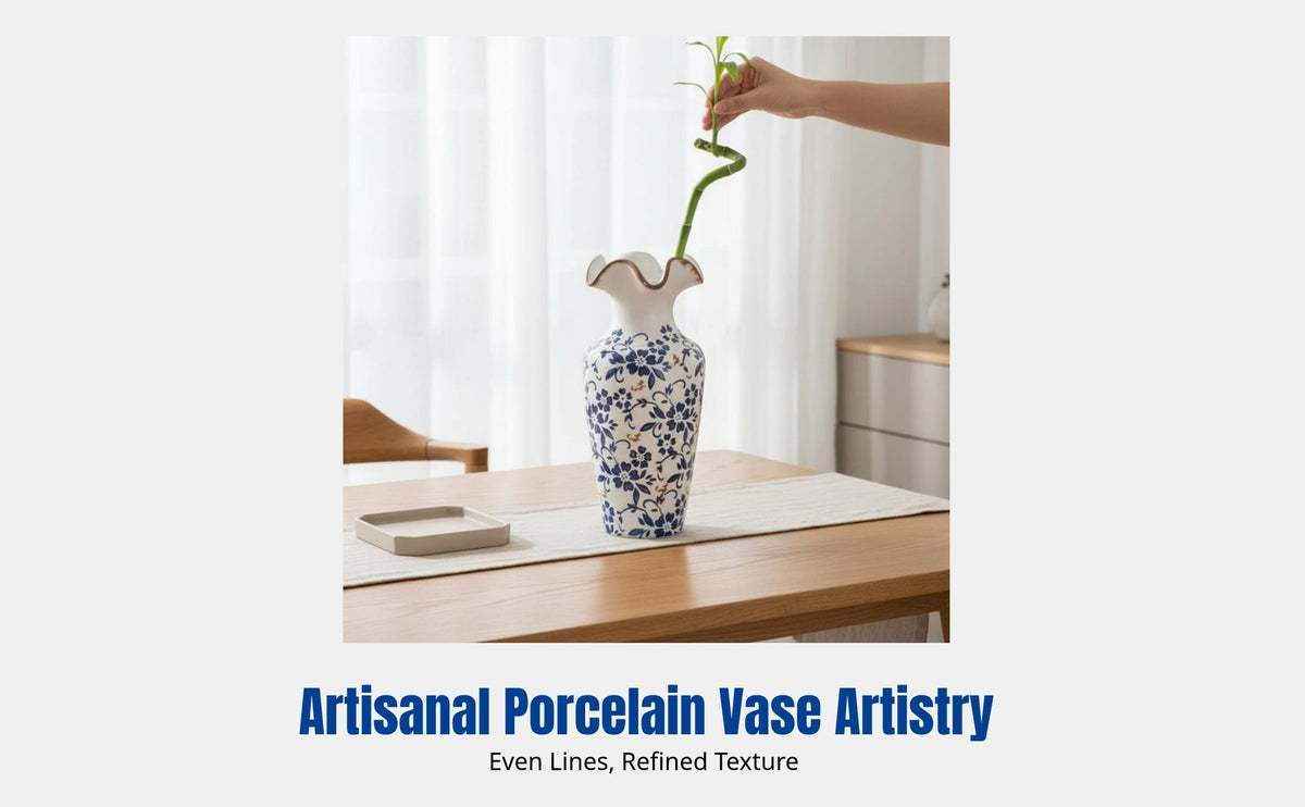 Ceramic Flower Vase, Navy and Cream Porcelain, Artistic Desktop Decor, Modern Chinese Style, for Fresh Flowers, Lucky Bamboo