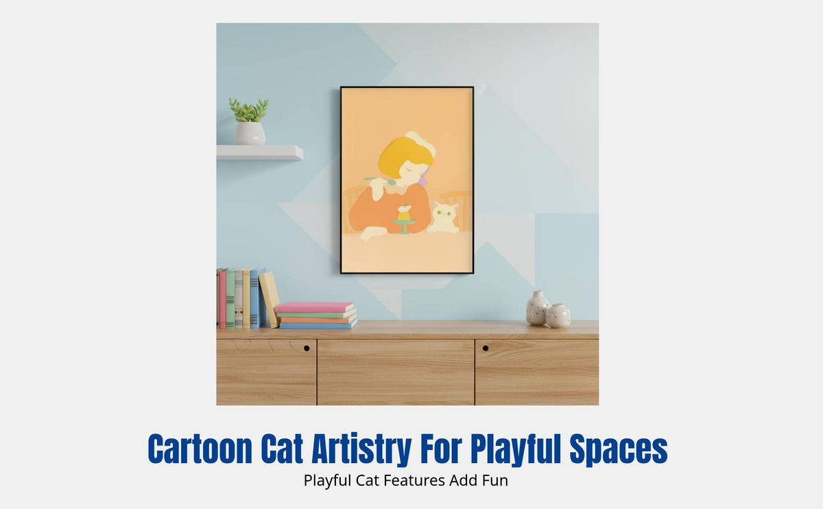 Nordic Design Decorative Painting, Cat Cartoon Wall Art, Minimalist Framed Canvas for Living Room, Bedroom