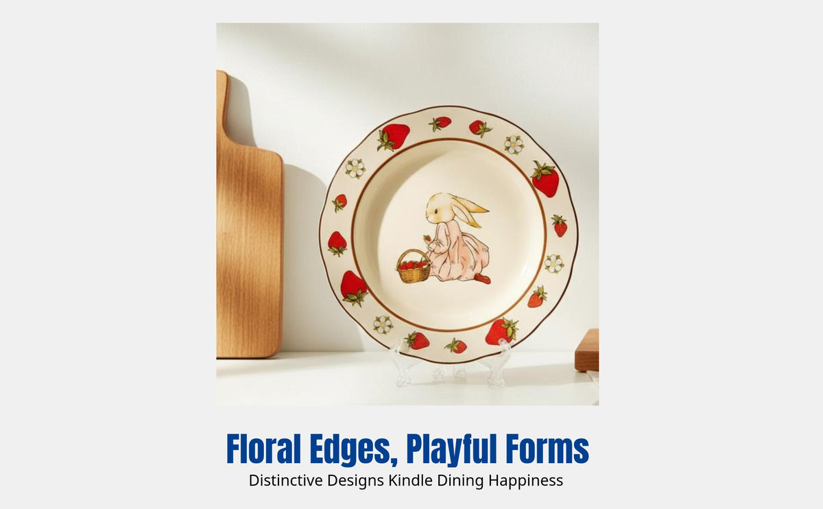 Ceramic Bowl, Vintage Cute Tableware Set, Original Hare Strawberry Design, Home Dining, 2025 Edition