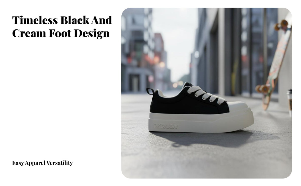 Canvas Sneakers, Thick Sole, Breathable, Black Cream, Unisex, Height Boost, Lace-Up