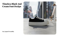 Canvas Sneakers, Thick Sole, Breathable, Black Cream, Unisex, Height Boost, Lace-Up