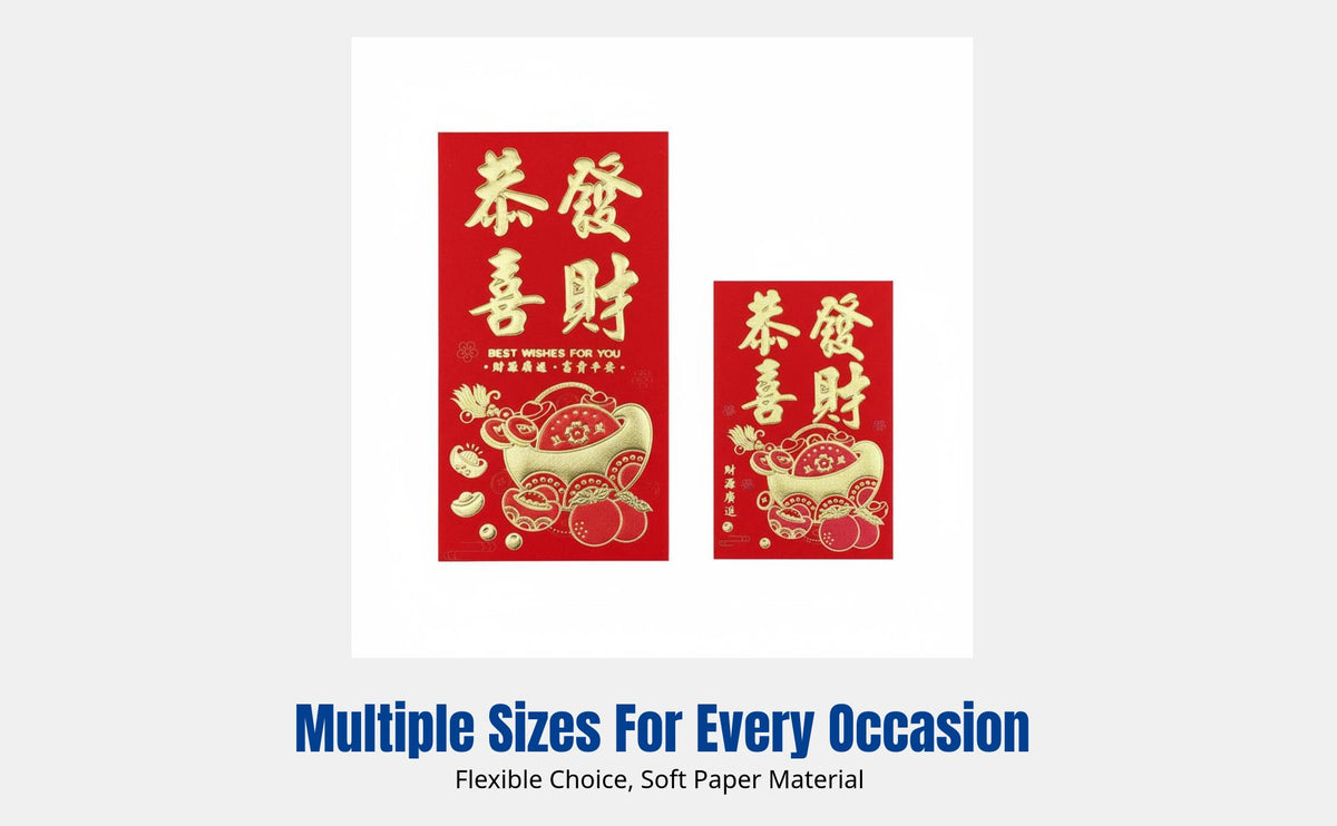 Red Packet Envelope, Large Size, Guang/Hong Kong Design, Lustrous Paper, Boxed, Two-Tone Color, Chinese New Year, Assorted Blessings