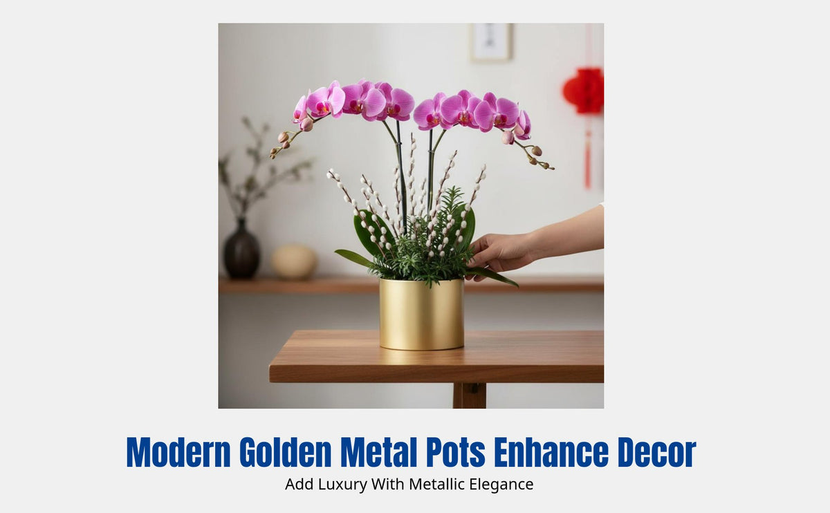 Holiday Countertop Flower Pot, Gold Iron Vase, Decorative Planter for Flowers, Holly, Willow Arrangements