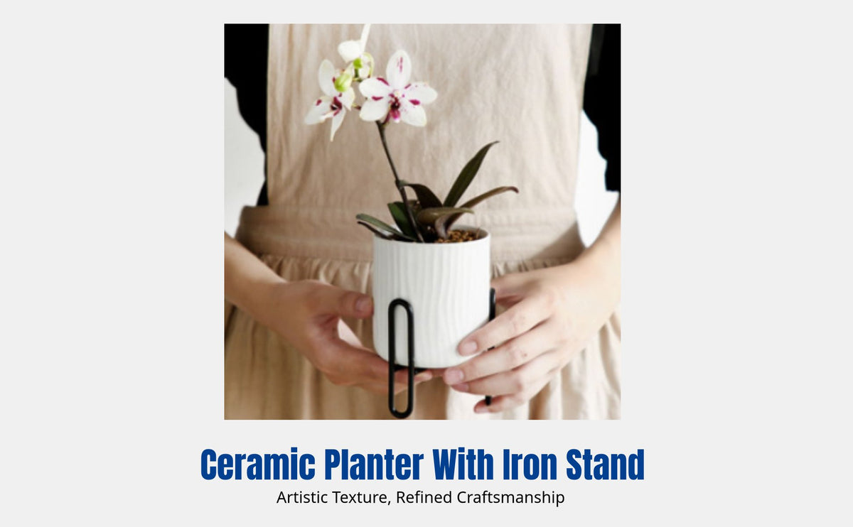 Nordic Ceramic Pot with Iron Stand, Minimalist Desktop Planter, Small Mouth