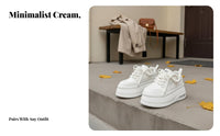 elevated athletic shoes, 8cm Thick Sole, Women's relaxed cream Lace-Up Shoes, Height Increasing, Korean design, Autumn stylish