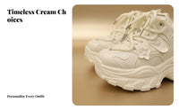 Chunky elevated Dad shoes, Women's Height Increasing, 2025 New Autumn relaxed Shoes, Lace-Up, Black cream