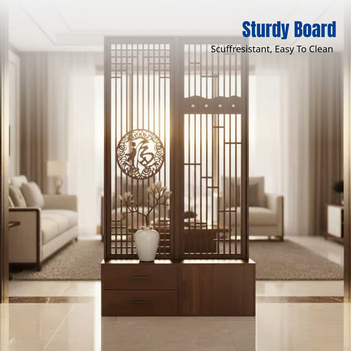 Multipurpose Room Divider Cabinet, Entryway Coat Rack, Shoe Bench, Versatile Storage Organizer for Living Room, Modern Abstract Design