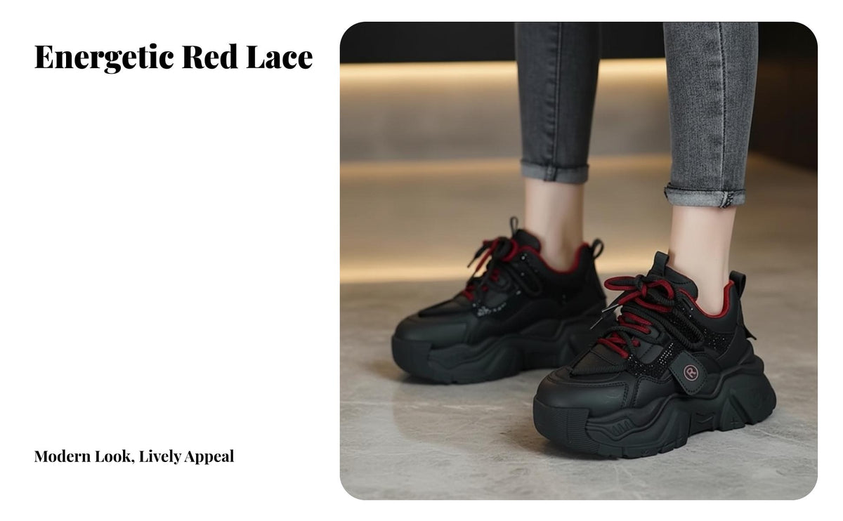 Chunky Dad shoes, Women's elevated Lace-Up, Red Thick Sole, Height Increasing, Autumn Winter relaxed Shoes