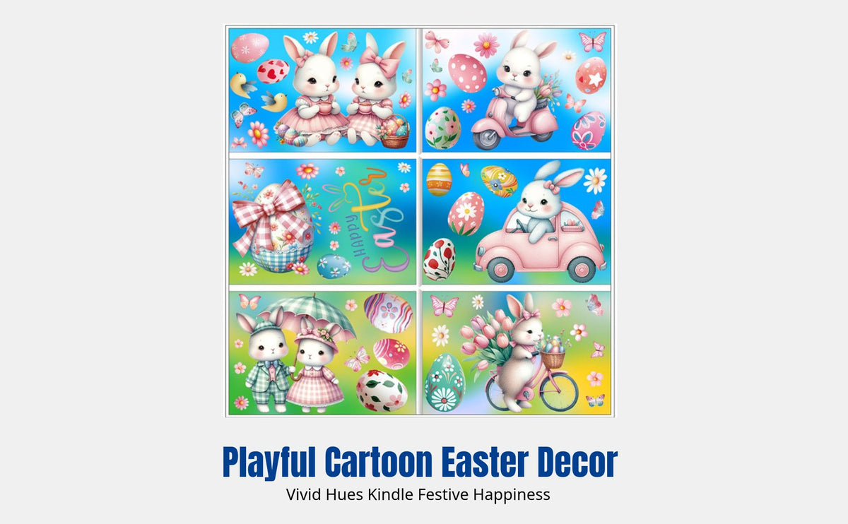 Easter Wall Decal, Bunny Oval Cartoon Glass Decor, Holiday PVC Sticker for Home Shop