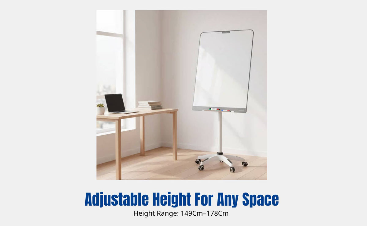 Tempered Glass Whiteboard, Fiveprong Base, Adjustable Stand, Mobile, Office, Training, Home, Teaching