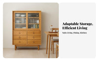 Japanese Reddish-Brown Wood Sideboard, Nordic Style, Fluted Glass Doors, Dustproof Storage Cabinet, Multipurpose Buffet