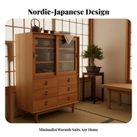 Japanese Reddish-Brown Wood Sideboard, Nordic Style, Fluted Glass Doors, Dustproof Storage Cabinet, Multipurpose Buffet