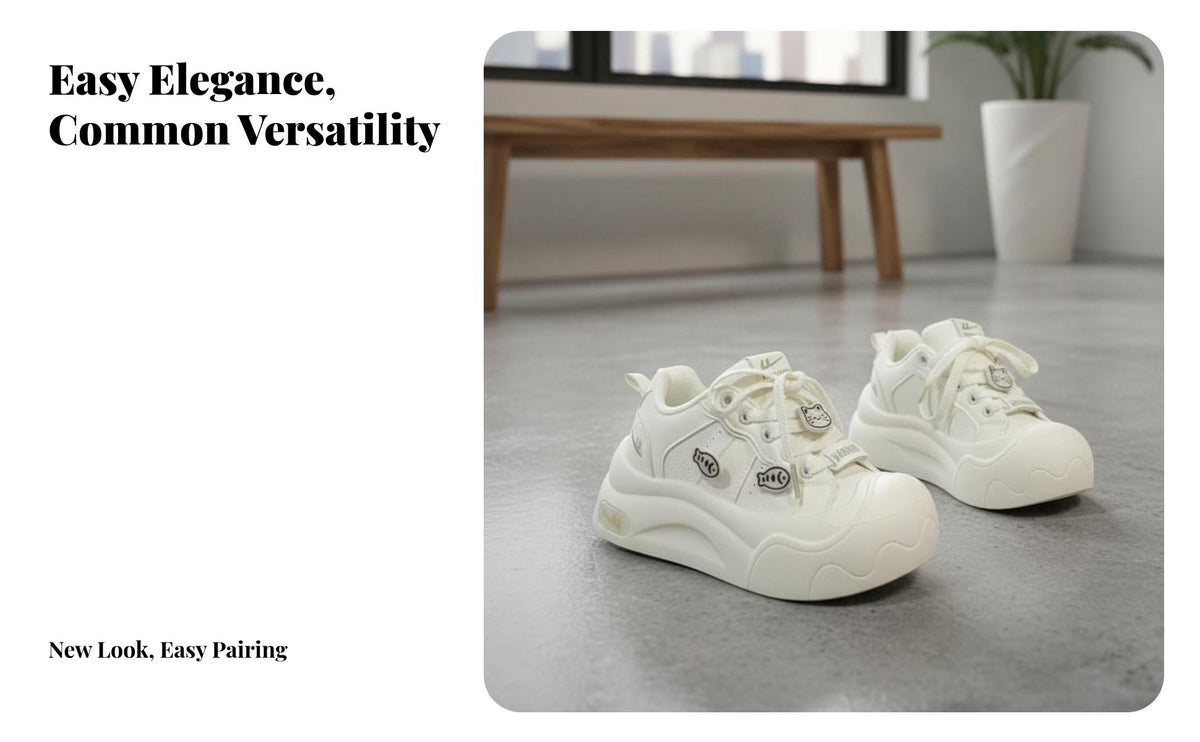 Cartoon whiskered fish Thick Sole athletic shoes, Women's Outdoor Sport Bread Shoes, cream Lace-Up Trainers for Autumn Winter
