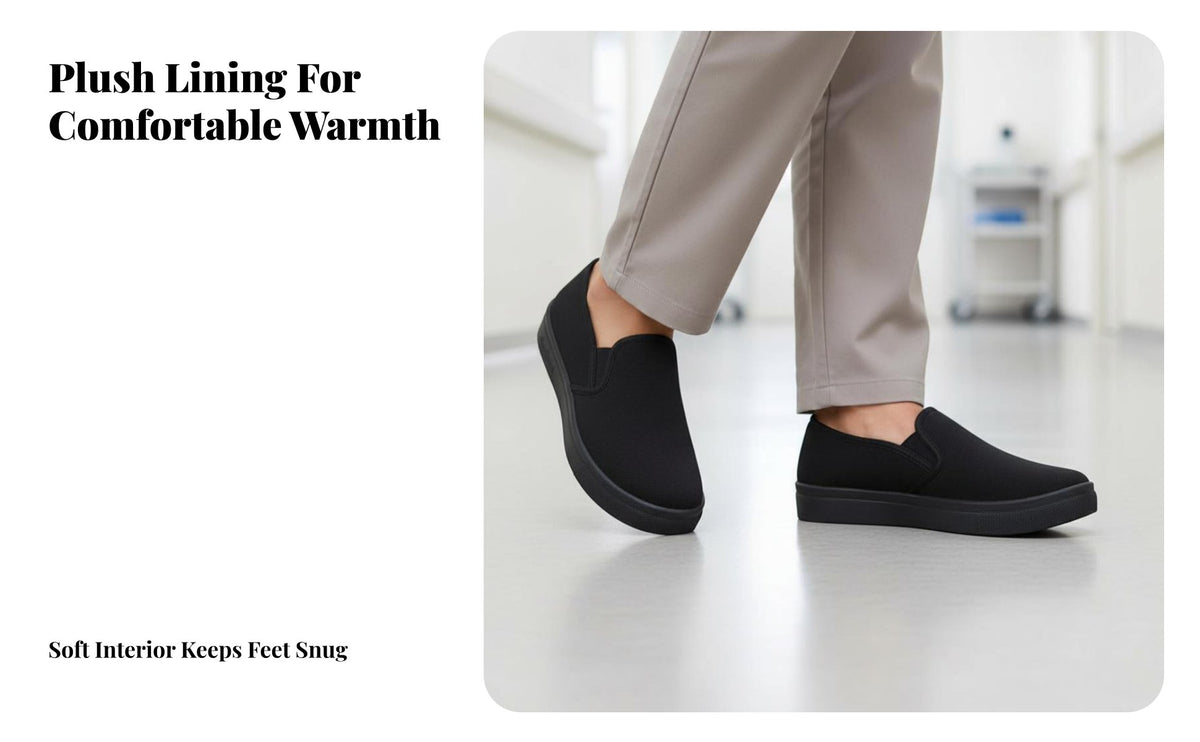 relaxed Slip-On Work Cloth Shoes, Unisex cream Flat Non-Slip shoes, Warm Lined Nurse Shoes
