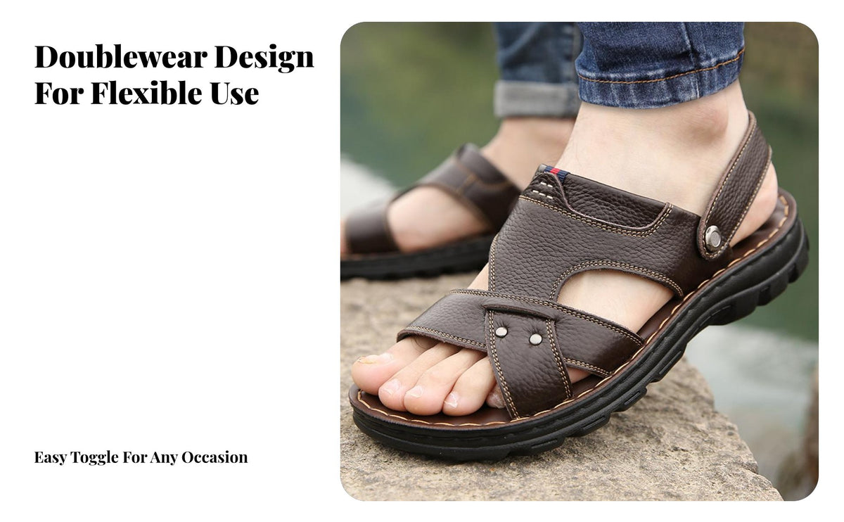 Men's Leather Sandals, Summer Flip-Flops, Soft Sole Outdoor Shoes for Seniors