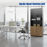 Office Document Cabinet, Wooden Storage Display Shelf, Multitier Shelving with Doors, Adjustable Shelf, Decorative Silk Flowers
