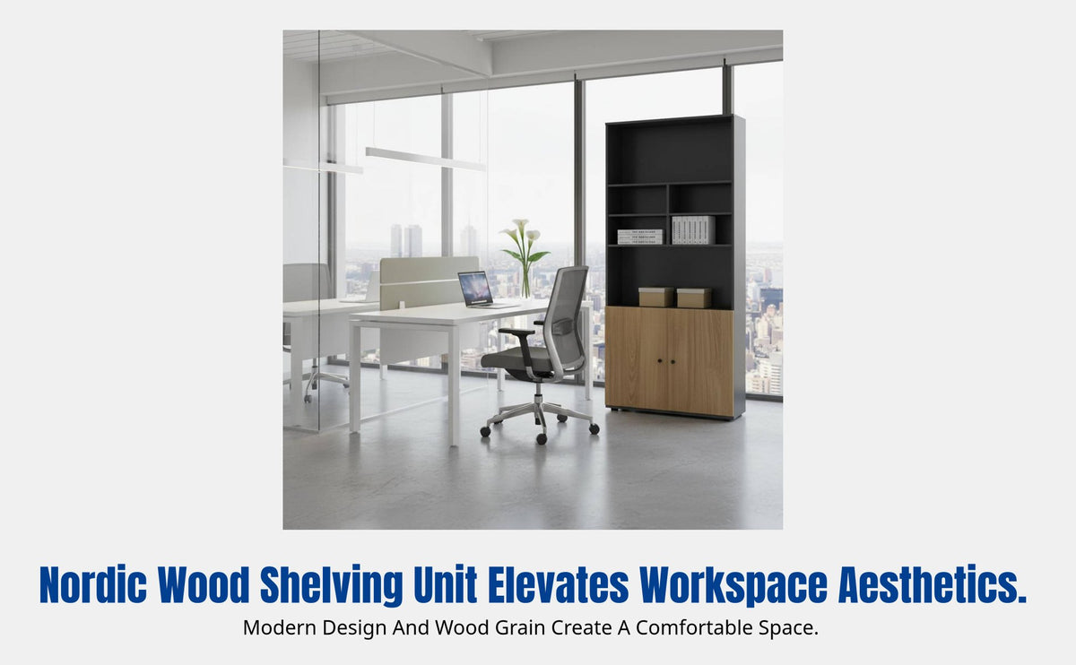 Office Document Cabinet, Wooden Storage Display Shelf, Multitier Shelving with Doors, Adjustable Shelf, Decorative Silk Flowers