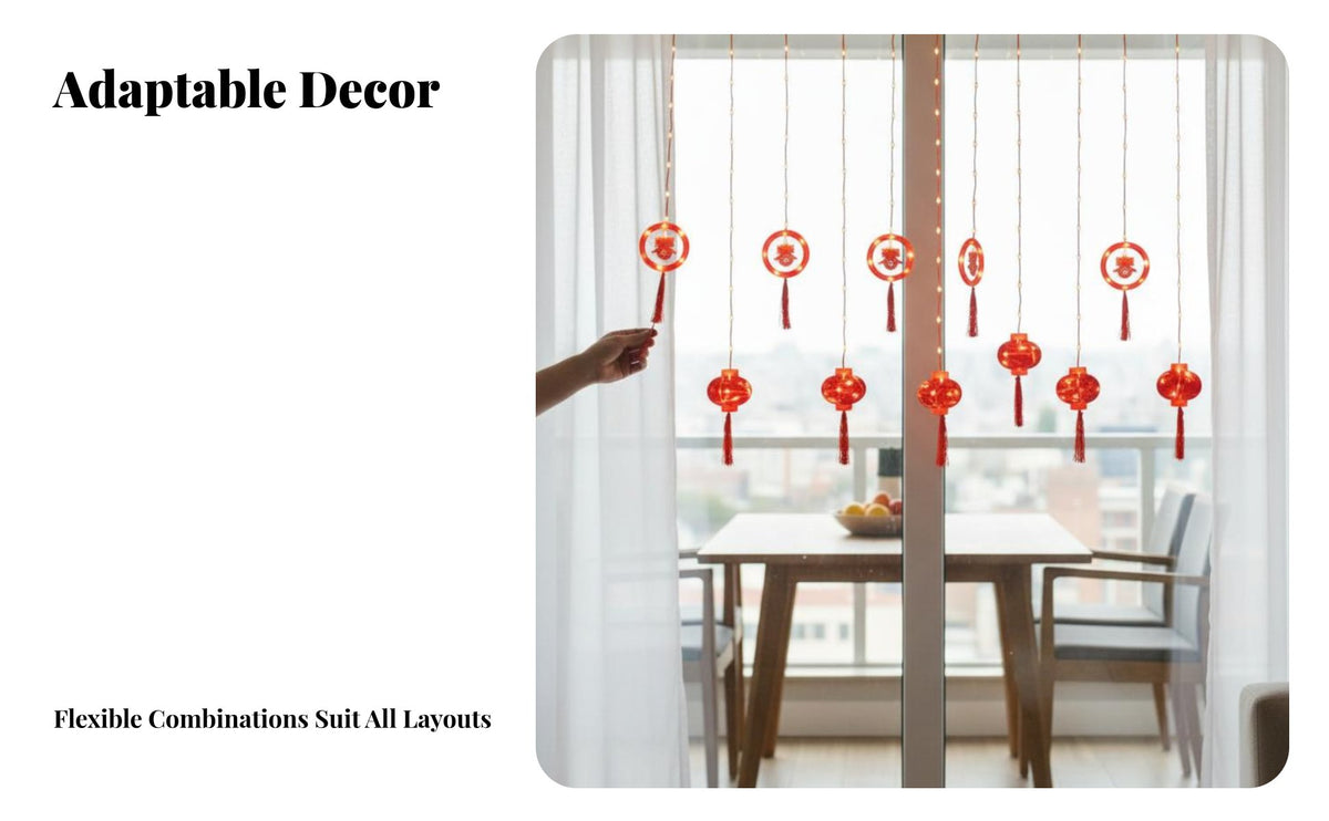 Red Lantern Curtain New Year Decor, Warm White LED, Chinese Knot, 3m, Assorted Lantern Styles