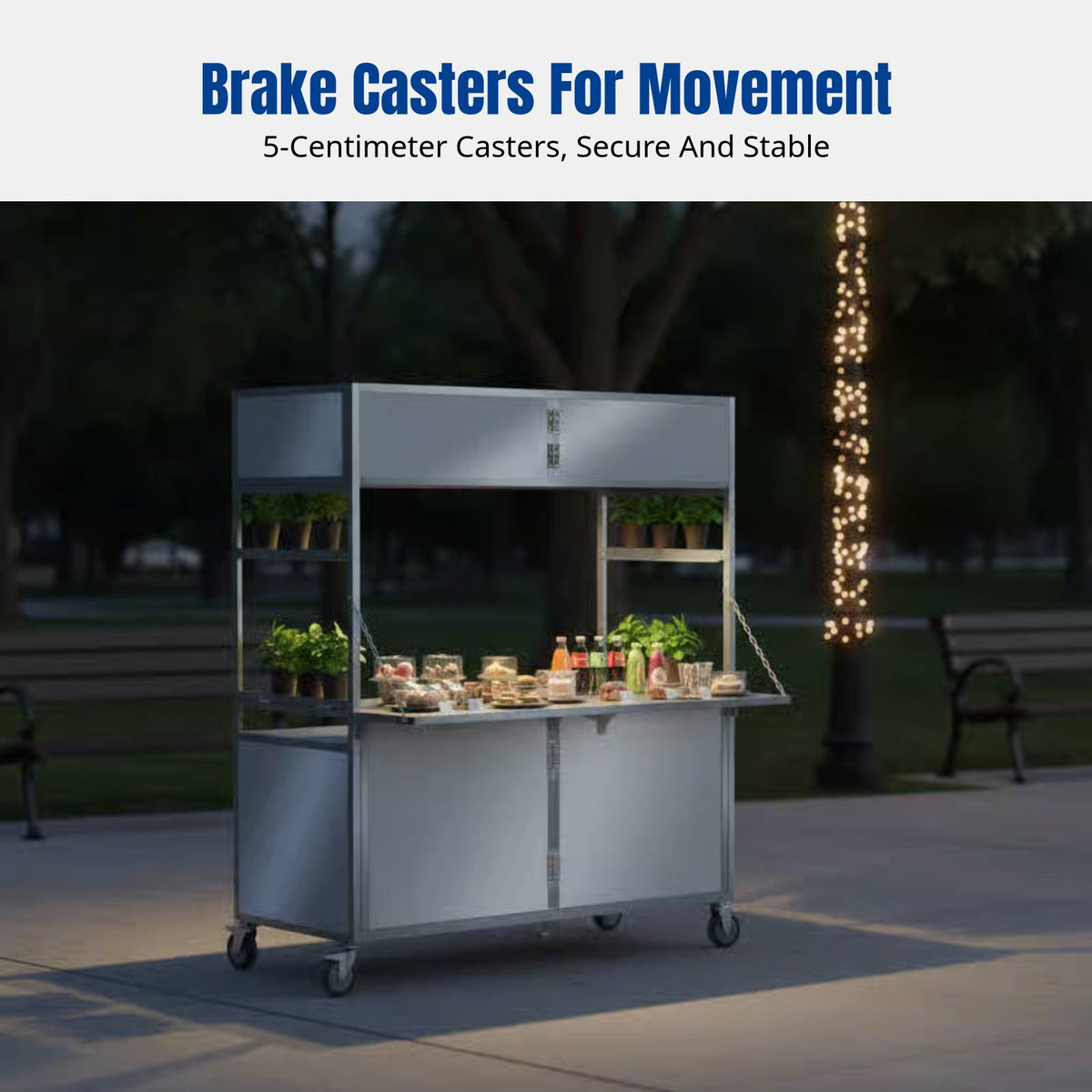 Folding Stall Trolley, Mobile Snack Cart, Night Market Vendor, Stewed Food, Heavy-Duty Stainless Steel, Large Storage, Brake Casters