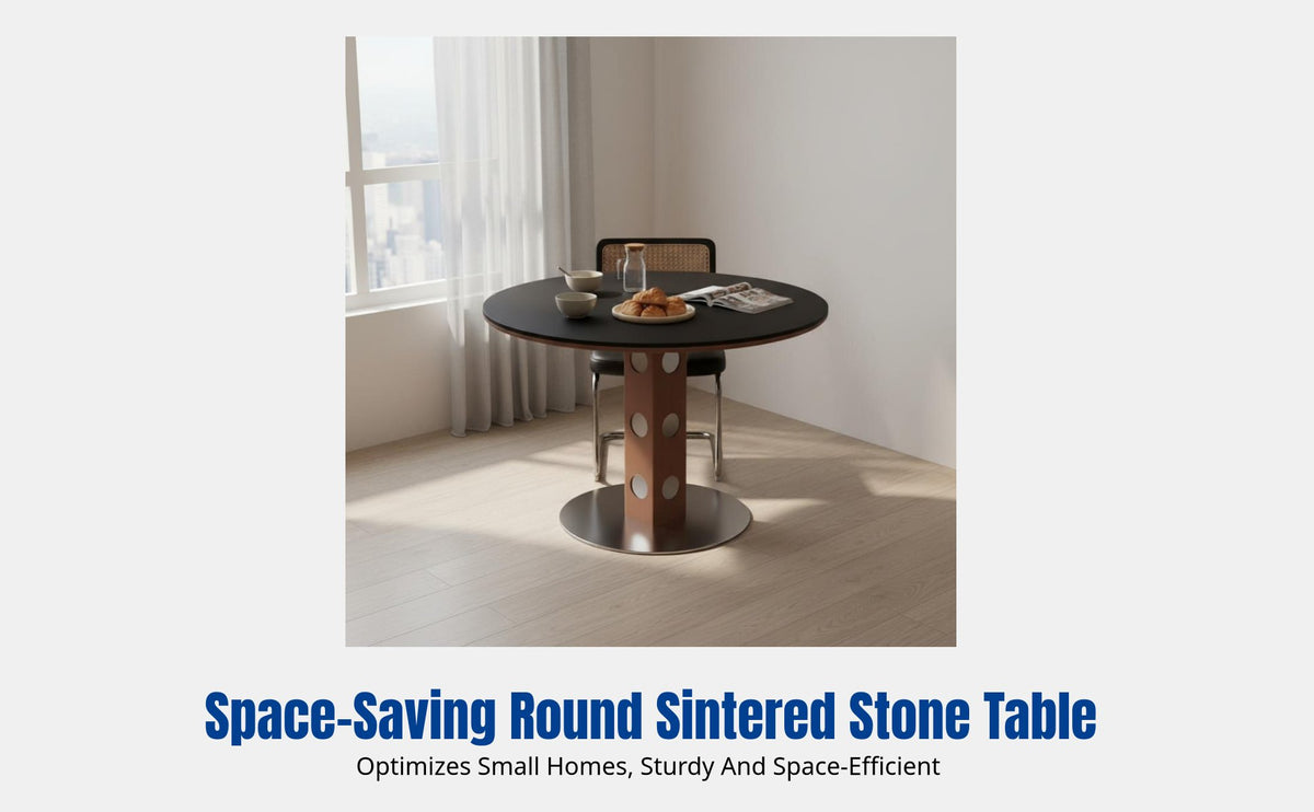 Nordic Solid Wood Round Dining Table, Vintage Stone Top, Modern Minimalist Small Space Kitchen Table