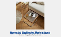 Retro Rattan Coffee Table, Stainless Steel Side Table, Minimalist Living Room Accent, Vintage Nordic Design, Small Space Set