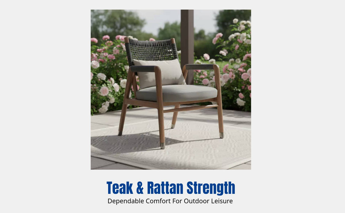 Outdoor Rattan Sofa Set, Durable Teak Wood Chair, Patio Lounge Furniture, Nordic Minimalist Design, Balcony Garden Seating