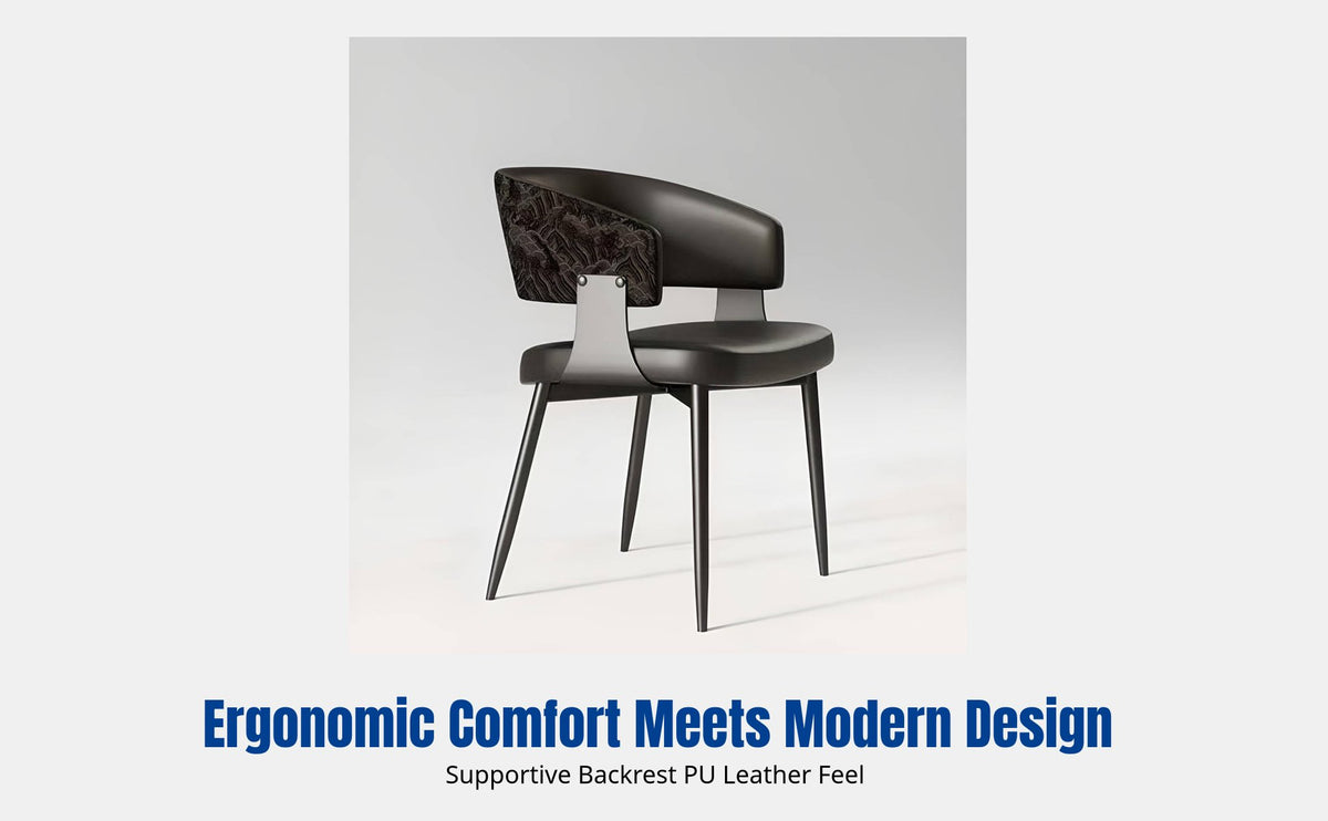 Modern Italian Minimalist Dining Chair, Designer Backrest, Leather Upholstered, Metal Frame, Black, Home, Hotel, Island Bar, Armless