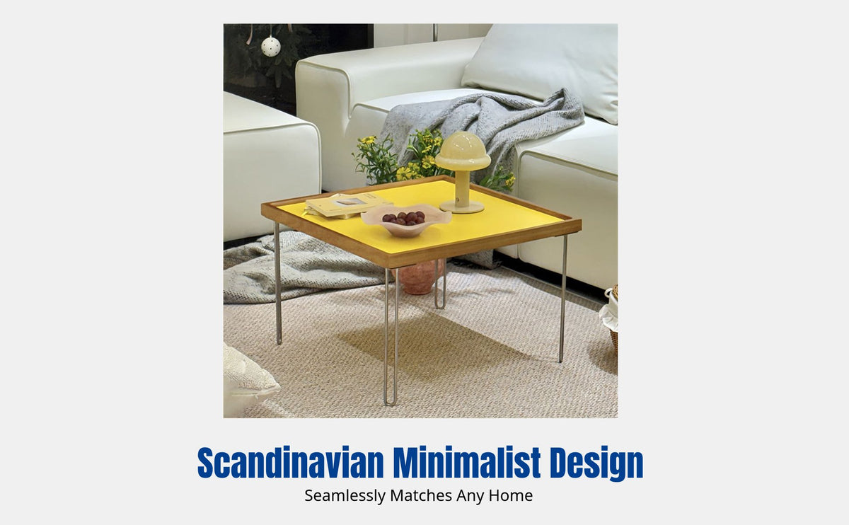 Nordic Minimalist Coffee Table, Solid Wood, Stainless Steel Frame, Square Side Table for Living Room, Small Space, Ins Style
