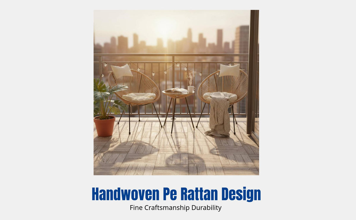 Rattan Table and Chairs Set, Nordic Style, Indoor Outdoor Balcony, Round Tea Table, Handwoven PE Rattan, Patio Furniture