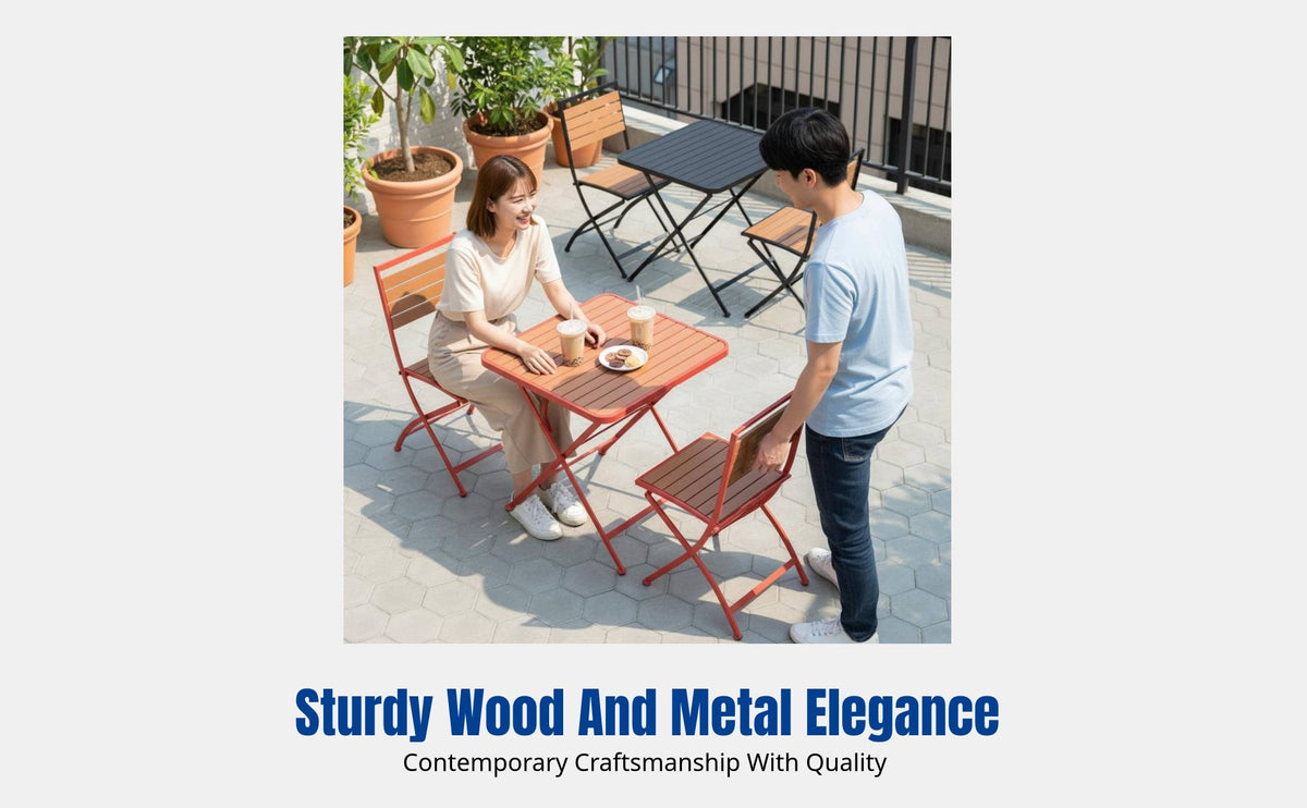 Modern Minimalist Outdoor Folding Table and Chair Set, Wood & Metal, Patio, Bar, Milk Tea Shop