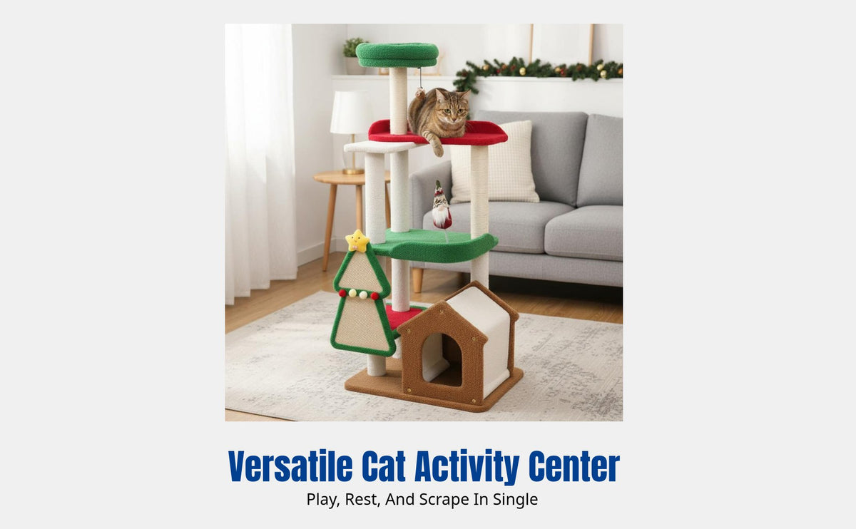 Christmas Cat Tree, Sisal Scratching Post, Integrated Cat Tower, Multi-Functional Cat Toy, Sturdy, Cute Design