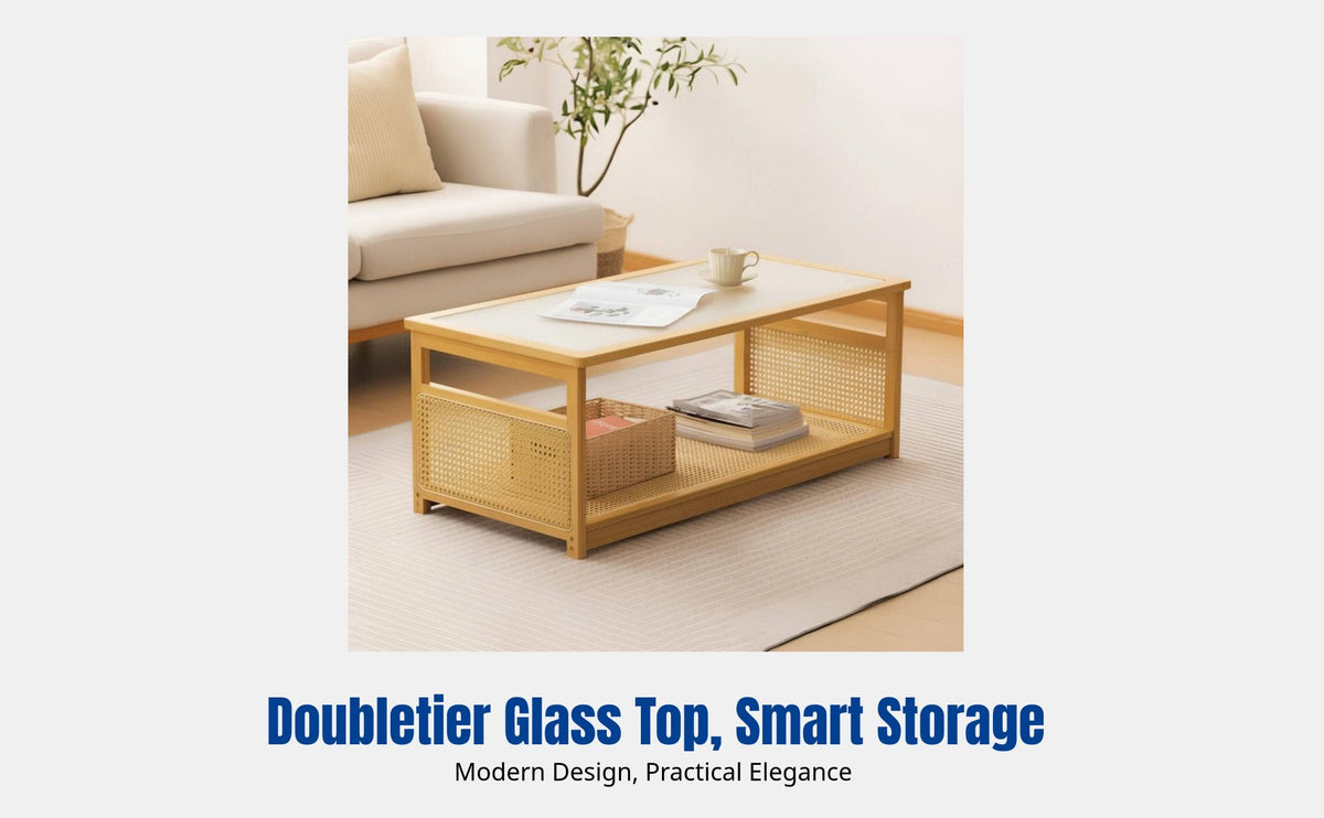 Rattan Coffee Table, Bamboo Frame, Double Tier, Modern Minimalist, Japanese Design, Small Space Furniture