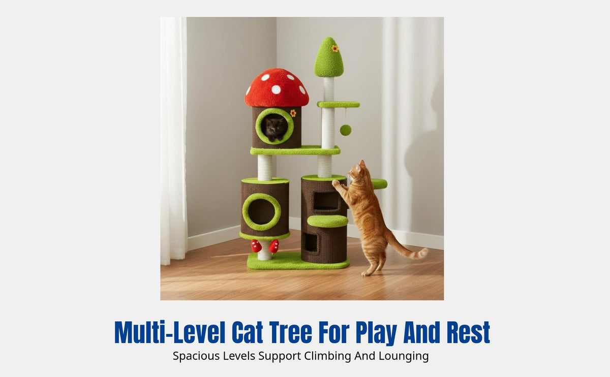 Colorful Mushroom Cat Tree, Sisal Barrel Cat Condo, Cartoon Multi-Level Cat Tower, Cat Scratching Post, Playhouse