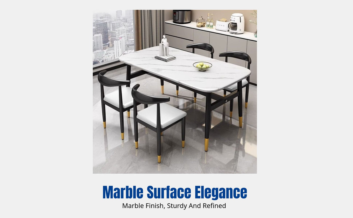 Rectangular Dining Table, Modern Marble Pattern Surface, Small Space Home, Metal Legs, Minimalist Design, Table and Chair Set, Comfortable Seating